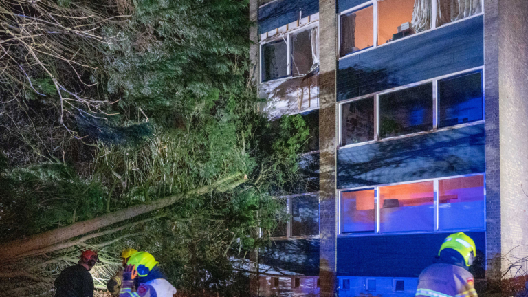 Grote conifeer valt tegen appartementencomplex Bergense Josef Bech Nes